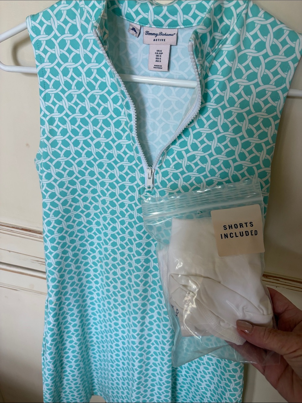 Tommy Bahama Aqua and White Geometric Sleeveless Zip Dress. Size S.